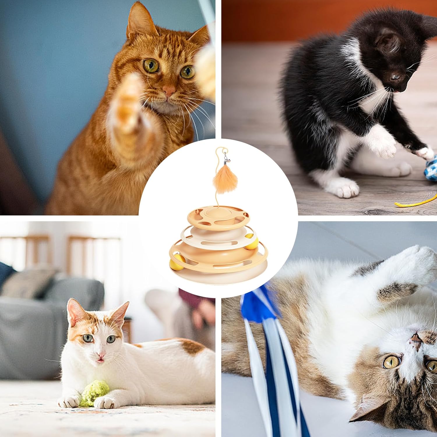 Ігровий трек для кішок 4 рівні з м'ячами та пером на пружині ∙ Інтерактивна іграшка для котів - мініатюра 12