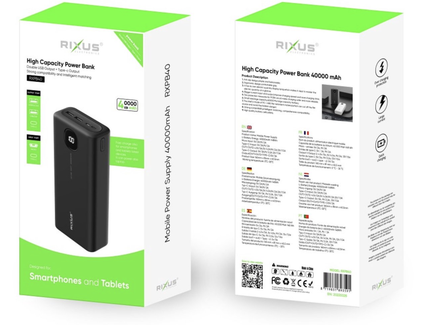 Універсальна мобільна батарея Power Bank 40000 mAh RIXUS RXPB40 22.5W ∙ Повербанк RIXUS RXPB40 PD22.5W