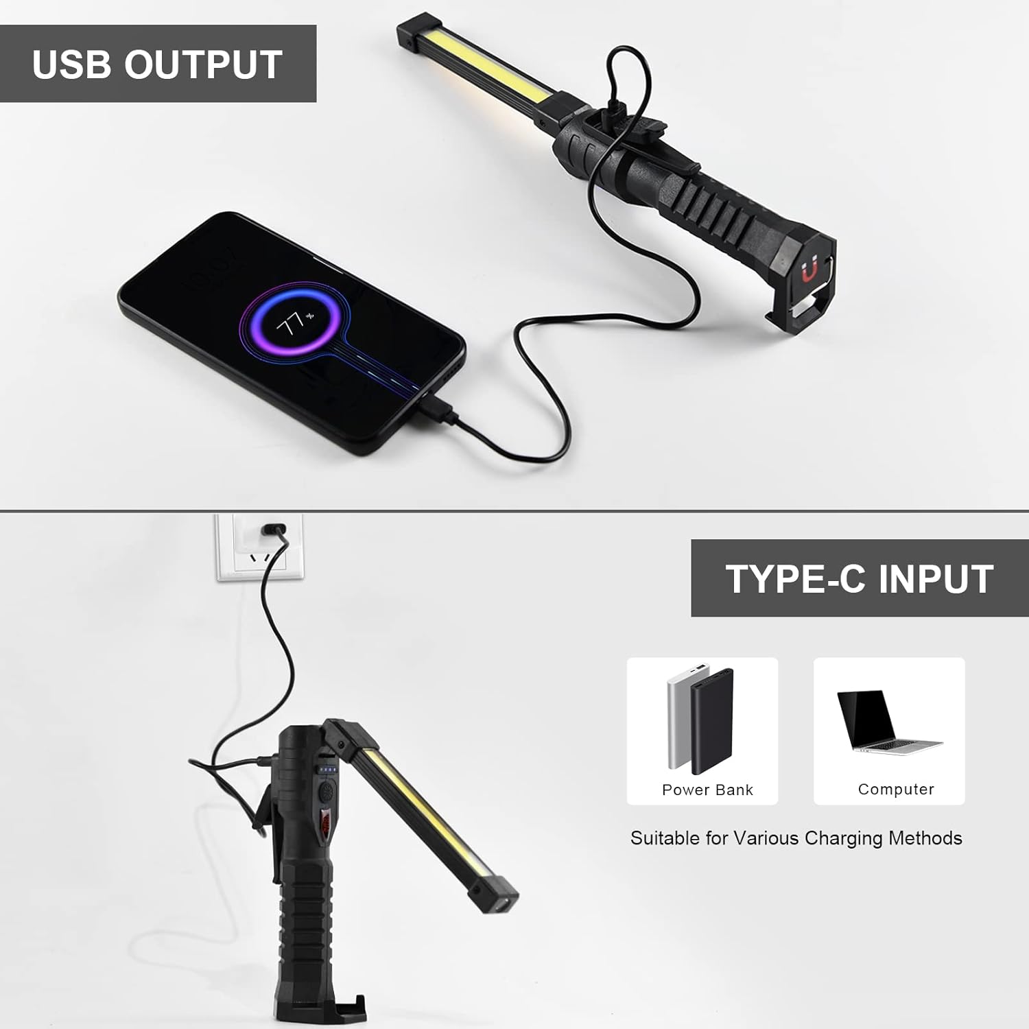 Ліхтар LIGHT L08-1 з магнітним підставою та підвісним гачком для кемпінгу ∙ Акумуляторний поворотний ліхтар LIGHT L08-1 - мініатюра 3