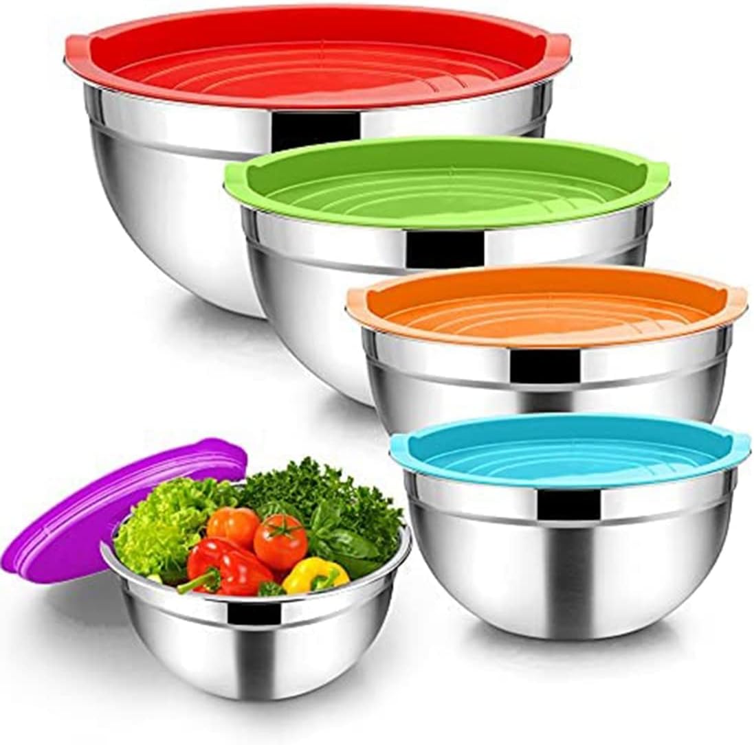 Набір з 5 мисок з кришками UN-1517 для зберігання та приготування їжі ∙ Миски UN-1517 з нержавної сталі з пластиковими кришками