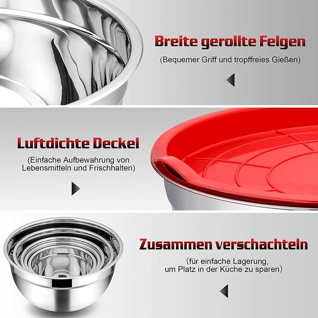 Набір з 5 мисок з кришками UN-1517 для зберігання та приготування їжі ∙ Миски UN-1517 з нержавної сталі з пластиковими кришками - мініатюра 4