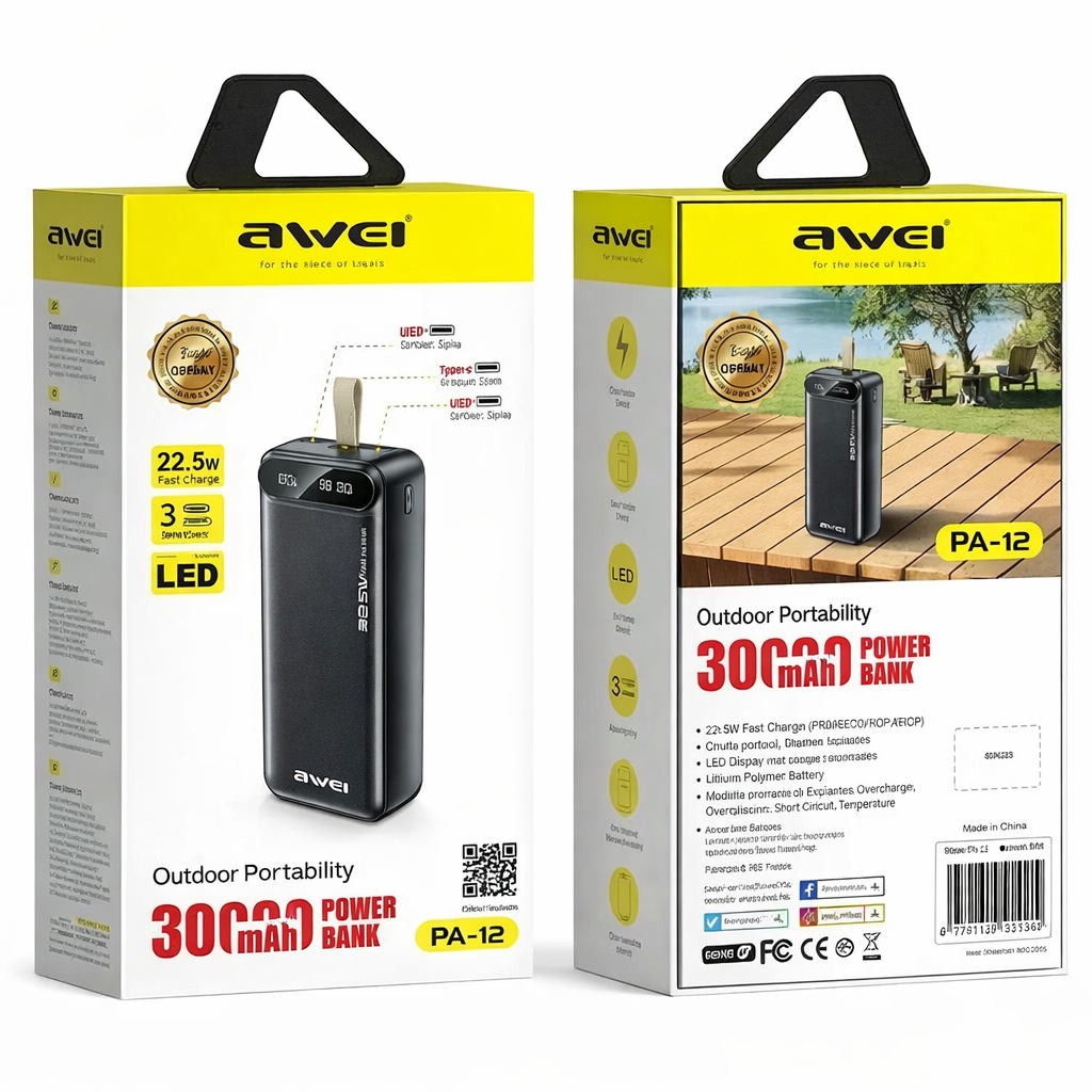 Повербанк AWEI PA12 30000 мАг 22.5W з LED-дисплеєм і швидкою зарядкою PD/QC 3.0 - мініатюра 3