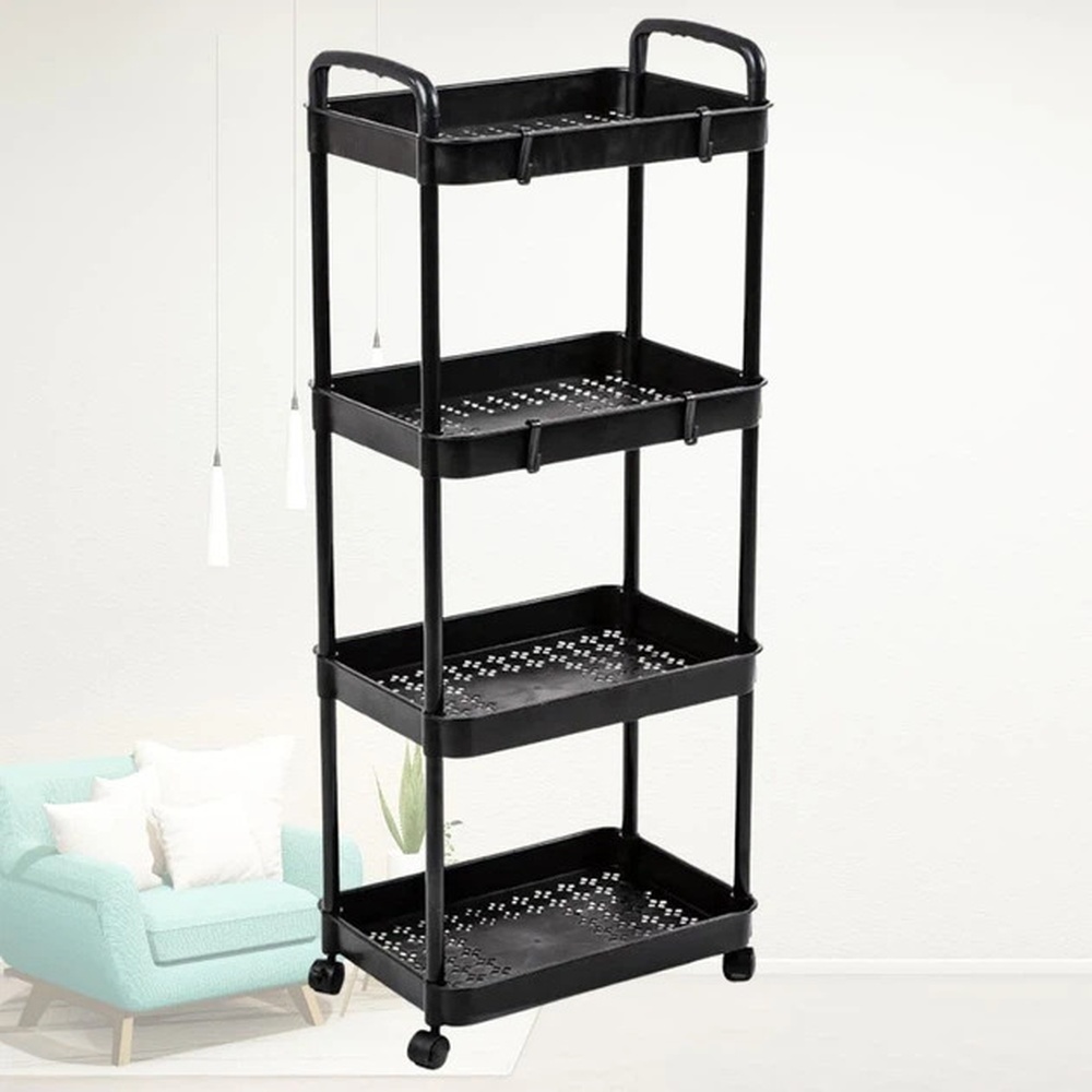 Етажерка SKLM-11 на 4 яруси з гачками і коліщатками для кухні, ванної та дому - мініатюра 3