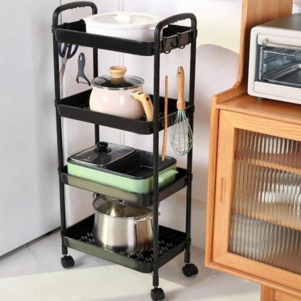 Етажерка SKLM-11 на 4 яруси з гачками і коліщатками для кухні, ванної та дому - мініатюра 5