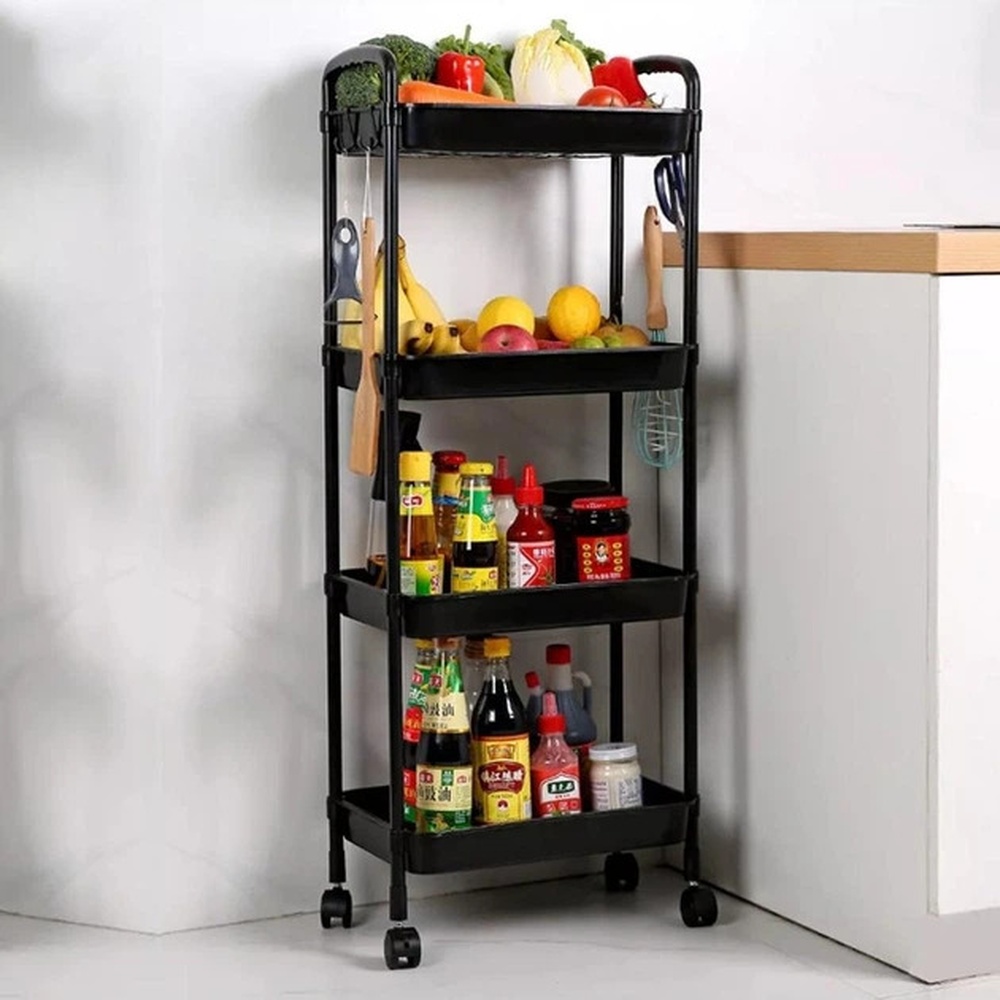 Етажерка SKLM-11 на 4 яруси з гачками і коліщатками для кухні, ванної та дому - мініатюра 6