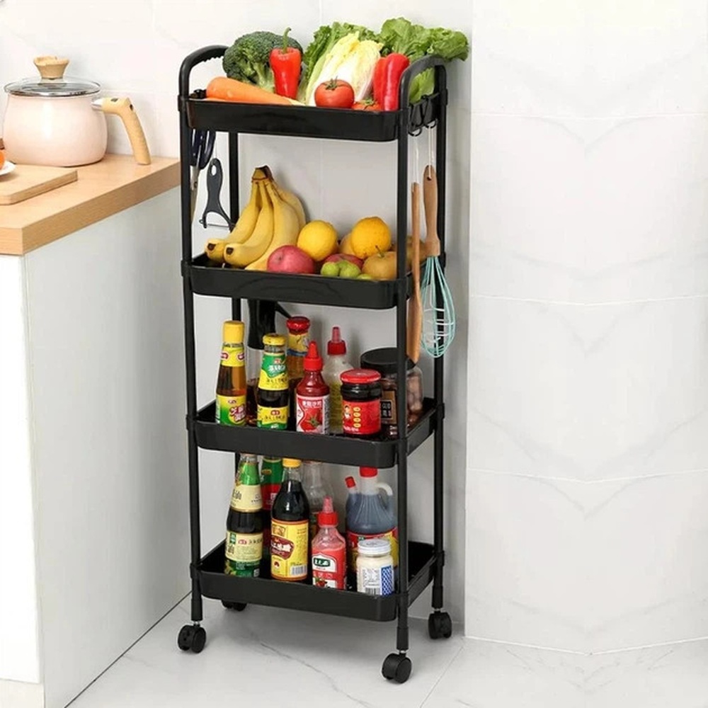 Етажерка SKLM-11 на 4 яруси з гачками і коліщатками для кухні, ванної та дому - мініатюра 8