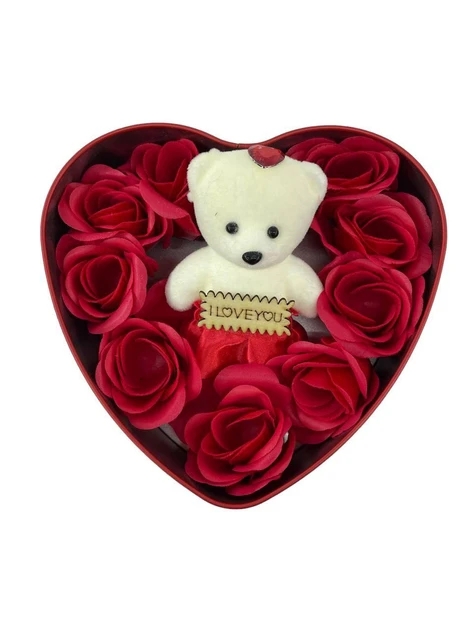 Подарунковий набір Ведмедик з трояндочками в коробочці-сердечку ∙ Набір сувенірного мила з ведмедиком і трояндочками