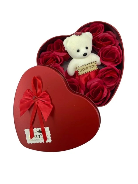 Подарунковий набір у коробці-серці з 9 мильними трояндами і ведмедиком - мініатюра 3