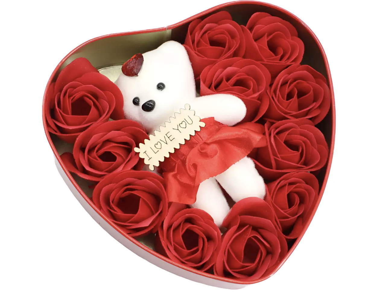 Подарунковий набір у коробці-серці з 9 мильними трояндами і ведмедиком - мініатюра 8