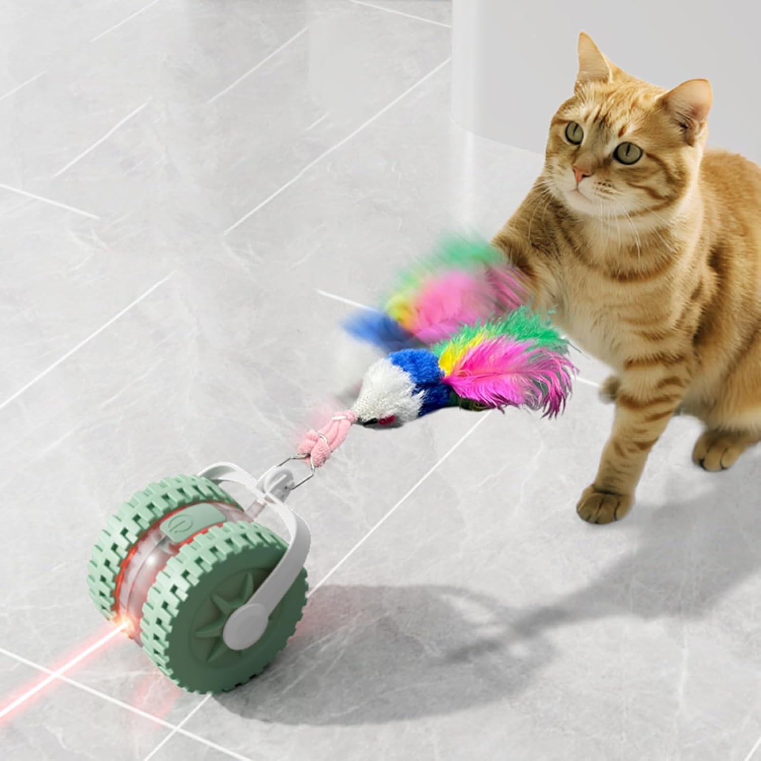 Інтерактивна іграшка для котів 9526 з лазером, пір'ям і автономним рухом - мініатюра 9