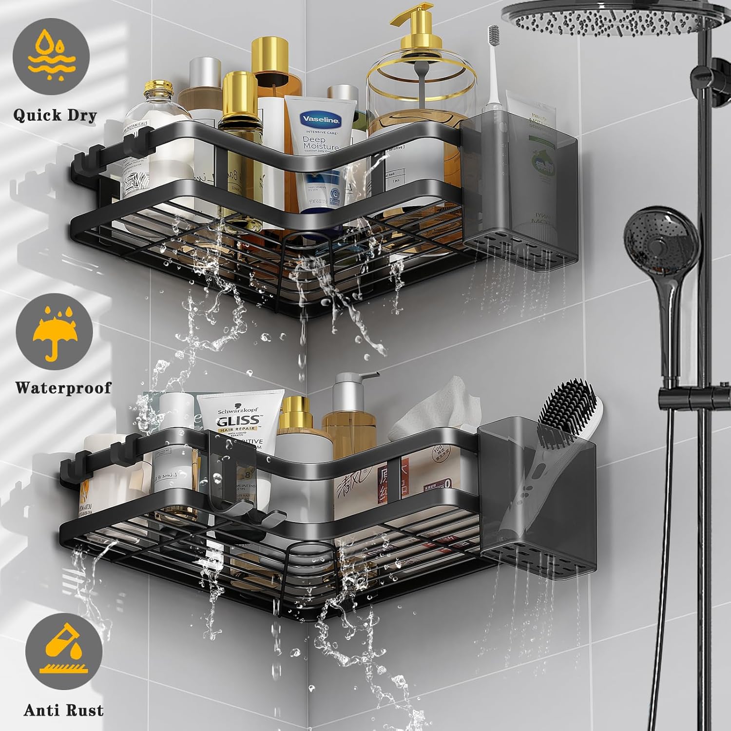 Кутові полиці Corner Shower Caddy з алюмінію, 2 шт для ванної кімнати - мініатюра 7