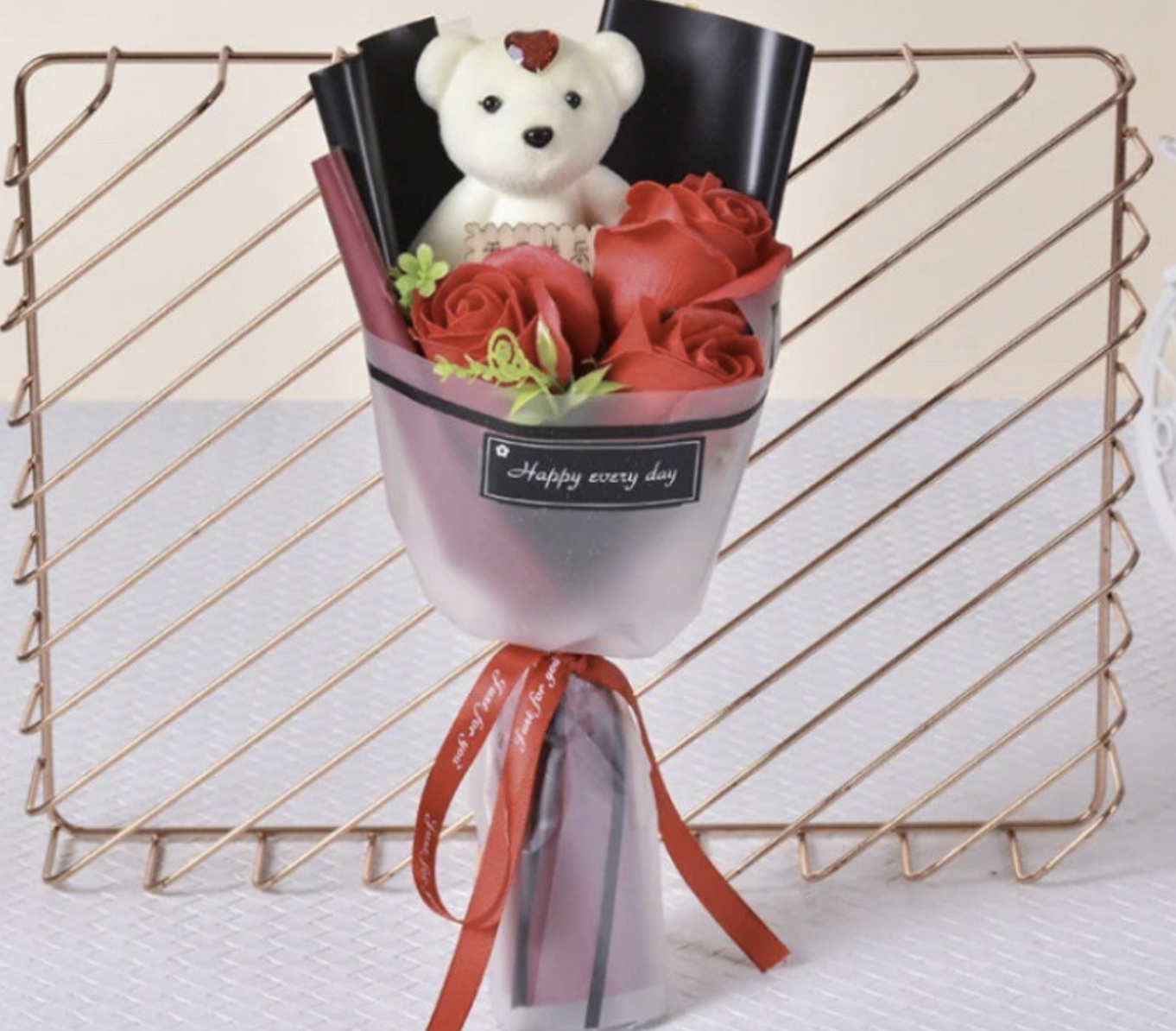 Мінібукет з мильною трояндою і плюшевим ведмедиком для романтичного подарунка - мініатюра 5