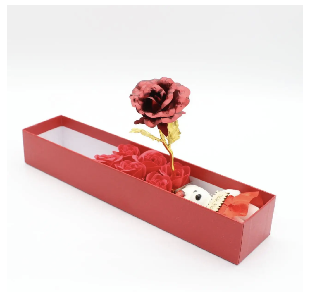 Подарунковий набір з мильними трояндами, ведмедиком і фольгованою трояндою в коробці - мініатюра 2