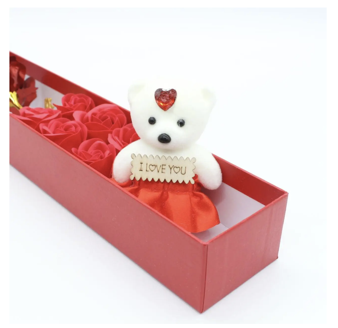Подарунковий набір з мильними трояндами, ведмедиком і фольгованою трояндою в коробці - мініатюра 3