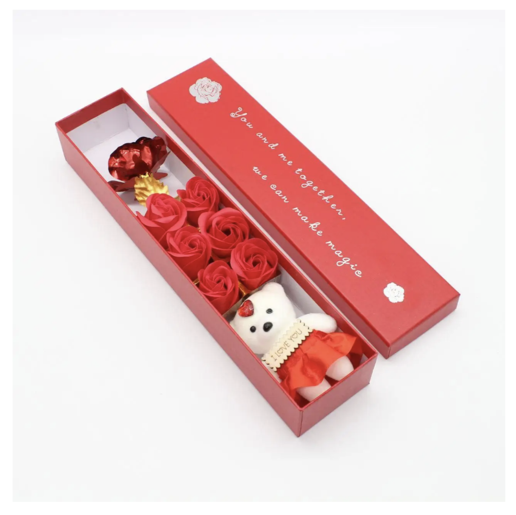 Подарунковий набір з мильними трояндами, ведмедиком і фольгованою трояндою в коробці - мініатюра 4