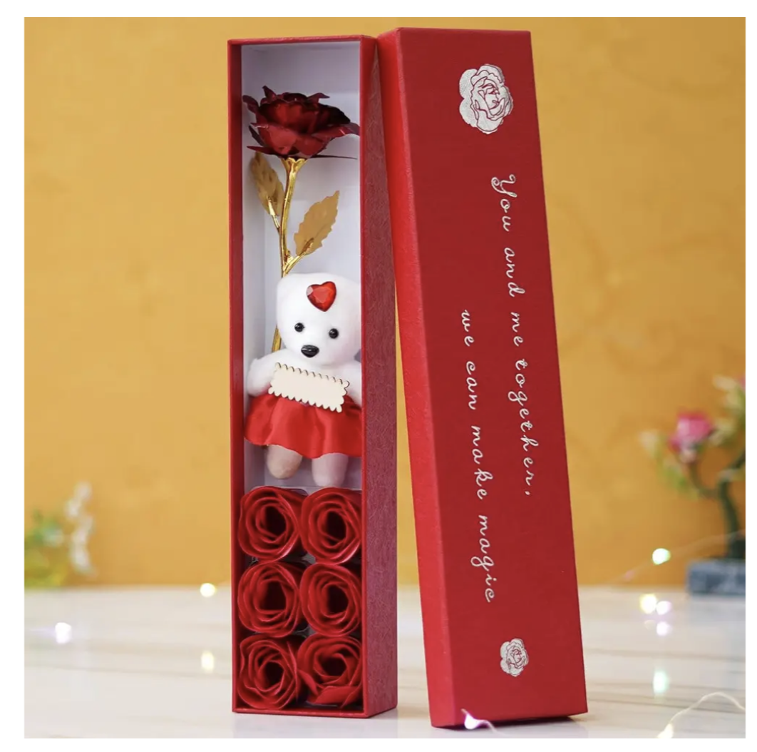 Подарунковий набір з мильними трояндами, ведмедиком і фольгованою трояндою в коробці - мініатюра 6
