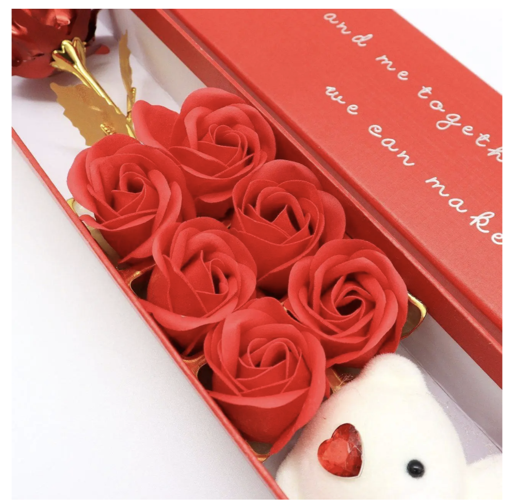 Подарунковий набір з мильними трояндами, ведмедиком і фольгованою трояндою в коробці - мініатюра 7