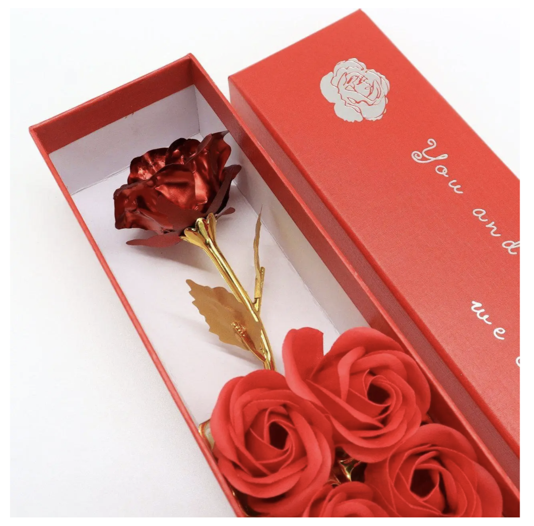 Подарунковий набір з мильними трояндами, ведмедиком і фольгованою трояндою в коробці - мініатюра 8