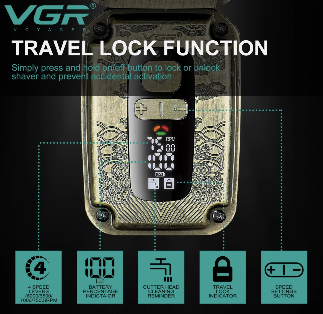 Електробритва VGR V-337 для сухого і вологого гоління з IPX6 та LED-дисплеєм - мініатюра 5