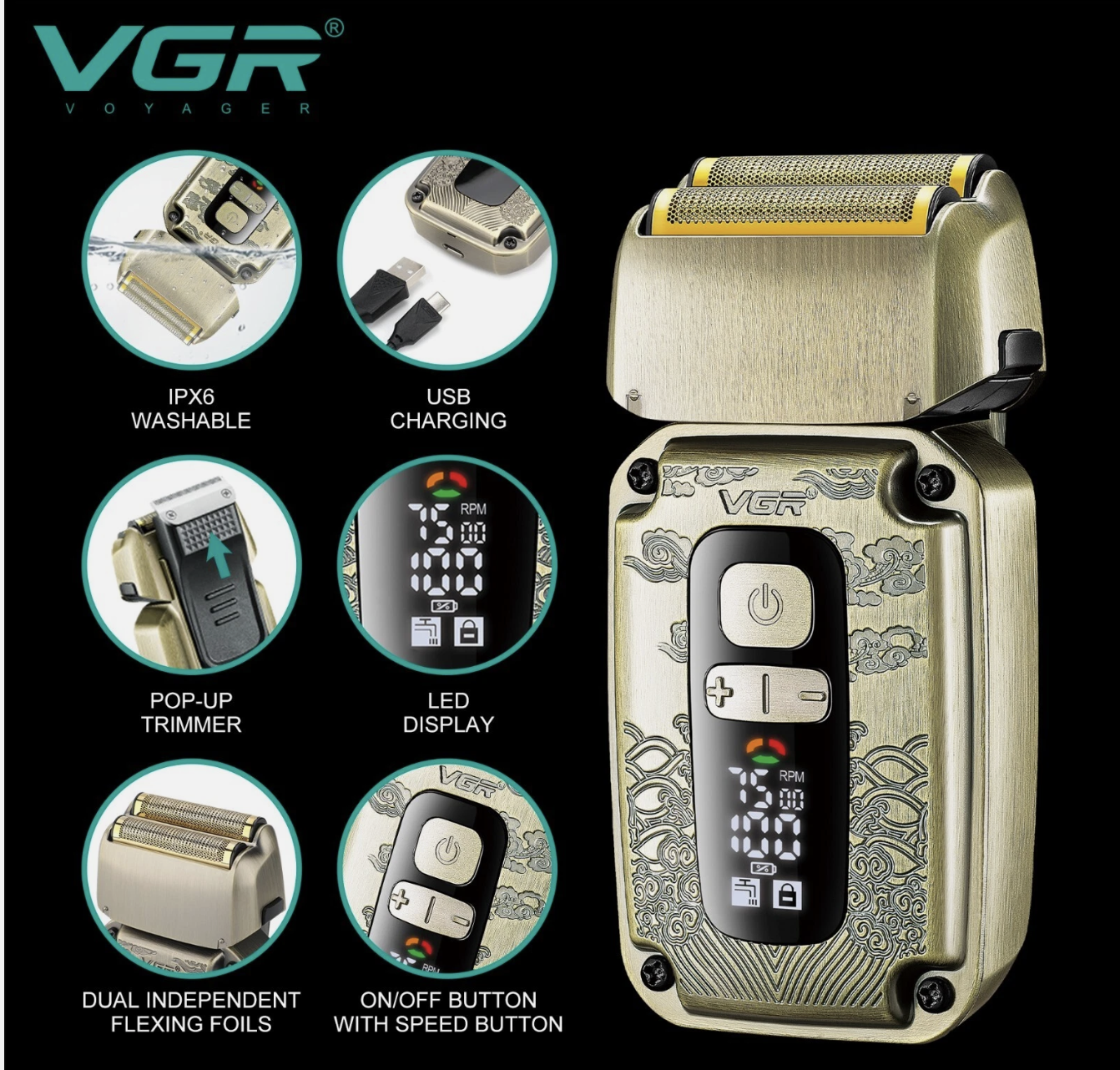 Електробритва VGR V-337 для сухого і вологого гоління з IPX6 та LED-дисплеєм - мініатюра 6