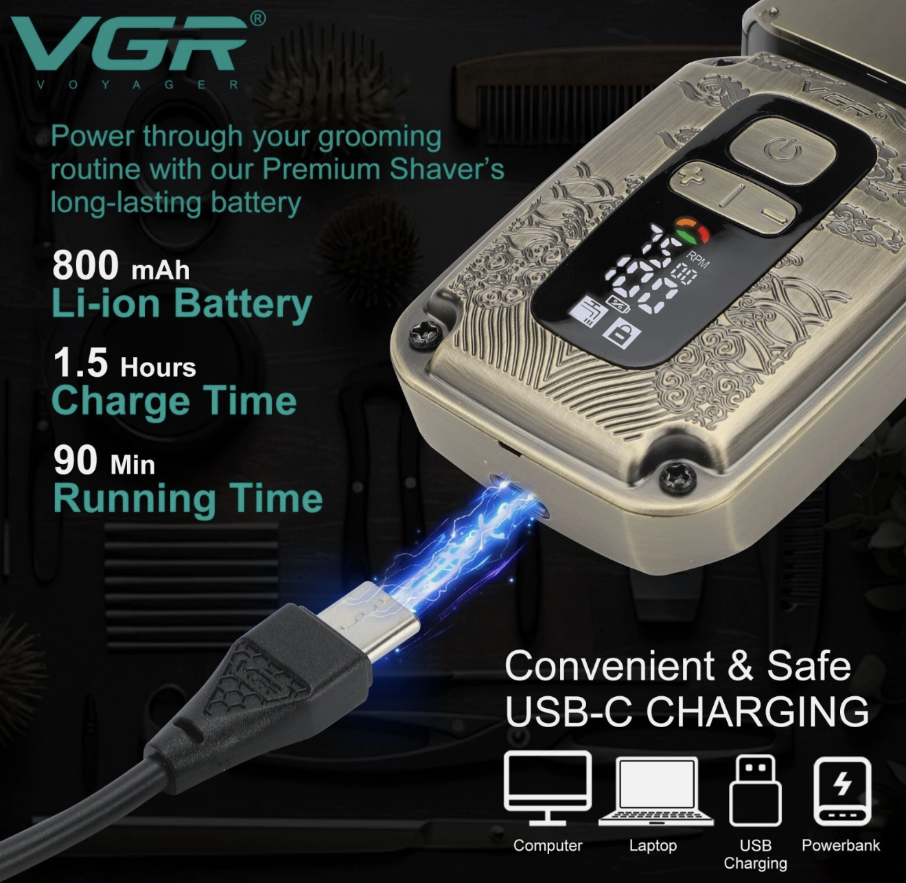 Електробритва VGR V-337 для сухого і вологого гоління з IPX6 та LED-дисплеєм - мініатюра 7