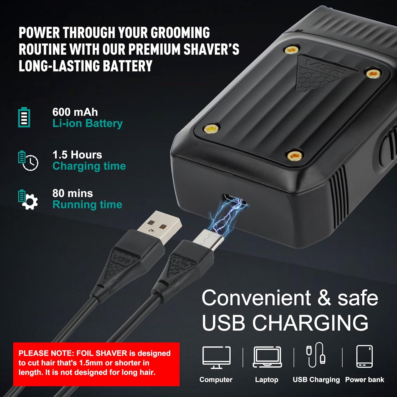 Сіткова електробритва VGR V-363 з USB-зарядкою для дому і подорожей - мініатюра 2