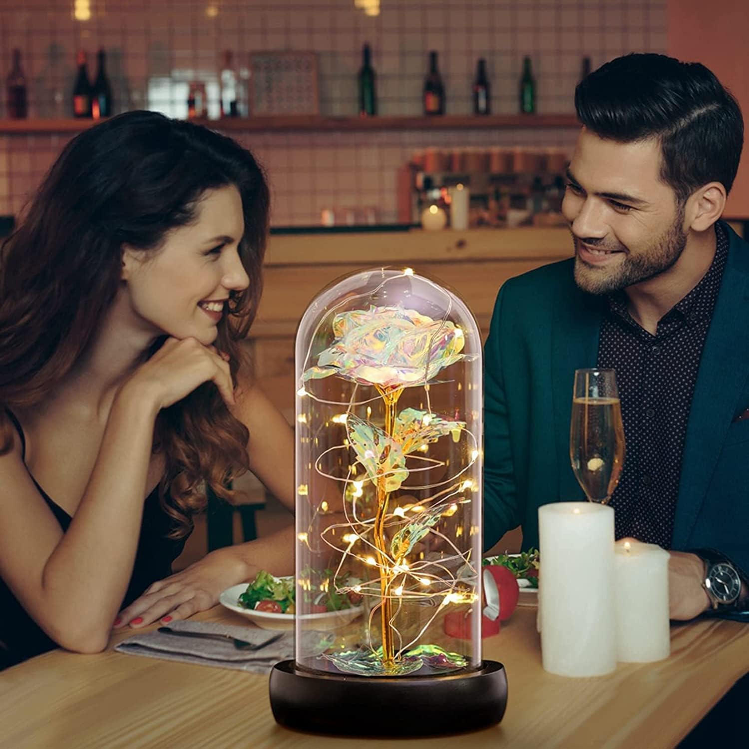 Троянда в колбі 21 см з LED-підсвічуванням як декоративний нічник - мініатюра 6