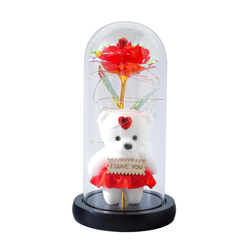 Троянда в скляній колбі Rose of Love з LED-підсвічуванням і плюшевим ведмедиком ∙ Декоративна кришталева троянда з ведмедиком і серцем I Love You