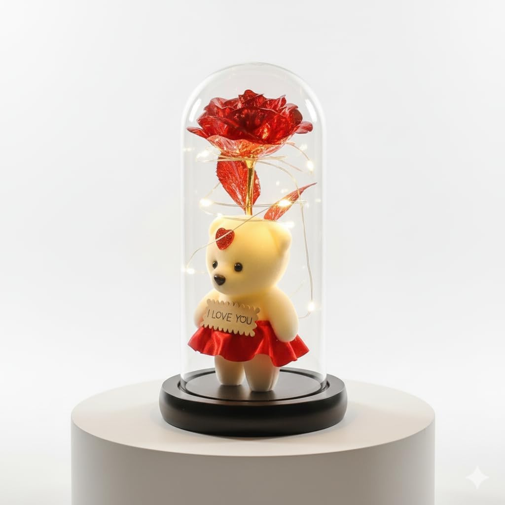 Троянда Rose of Love в колбі з LED-підсвічуванням і плюшевим ведмедиком - мініатюра 3
