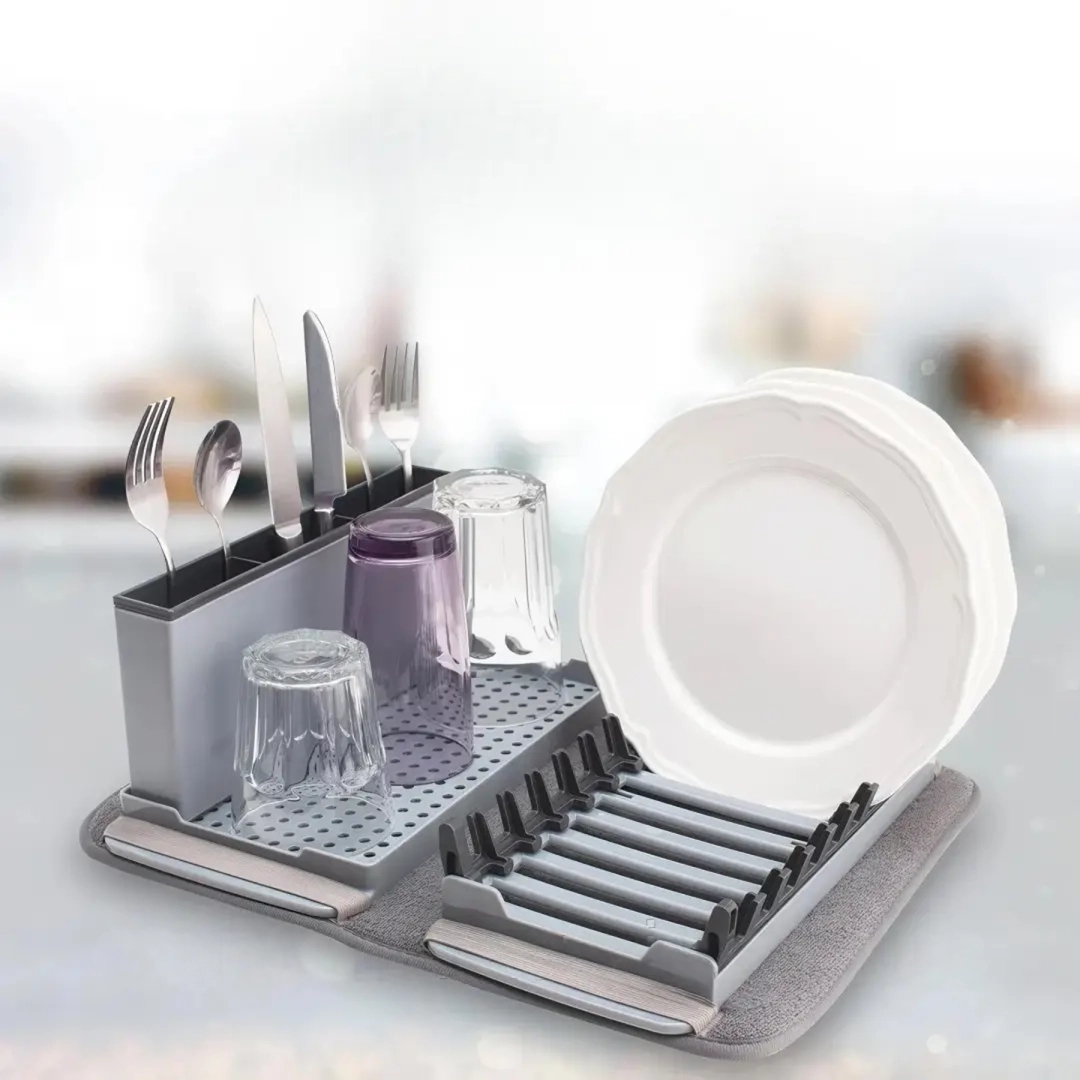 Складна сушарка для посуду 41,5 x 33 x 13,5 см з піддоном і мікрофібровим килимком - мініатюра 6