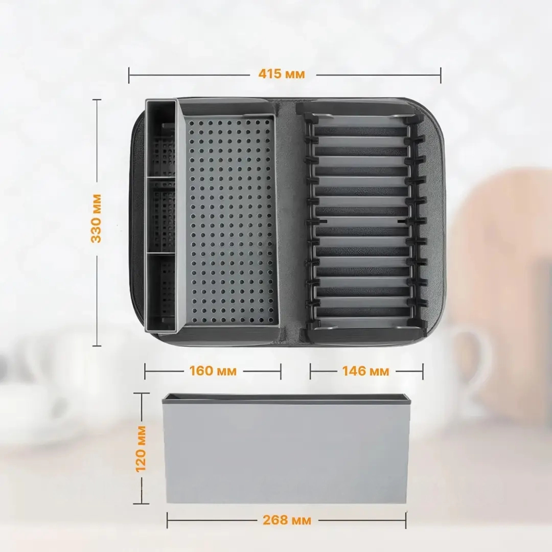 Складна сушарка для посуду 41,5 x 33 x 13,5 см з піддоном і мікрофібровим килимком - мініатюра 7