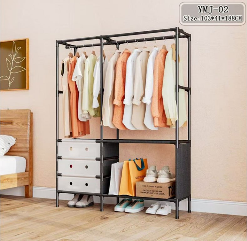 Вішалка YMJ-02 з подвійною перекладиною, полицями і місцем для взуття для домашнього гардеробу - мініатюра 2