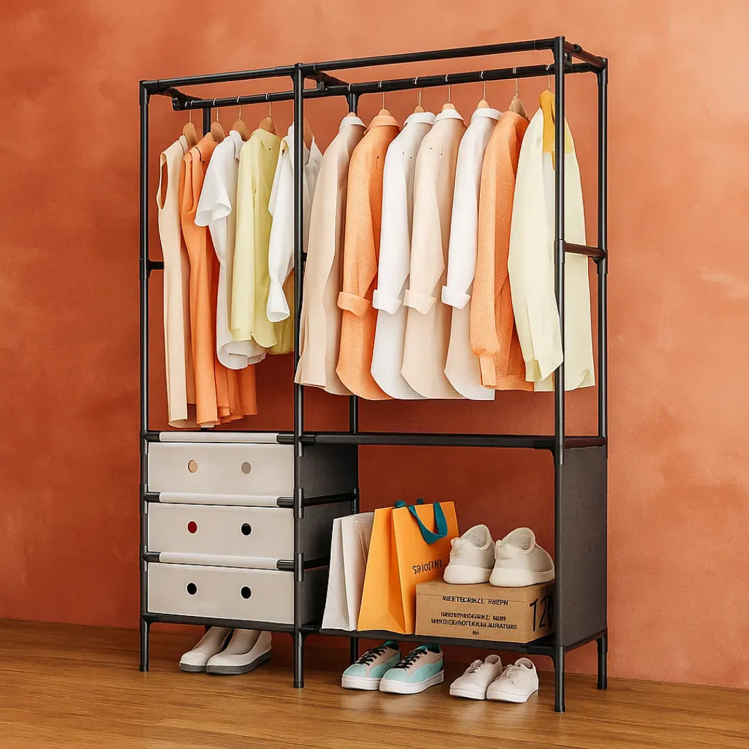 Вішалка YMJ-02 з подвійною перекладиною, полицями і місцем для взуття для домашнього гардеробу - мініатюра 3