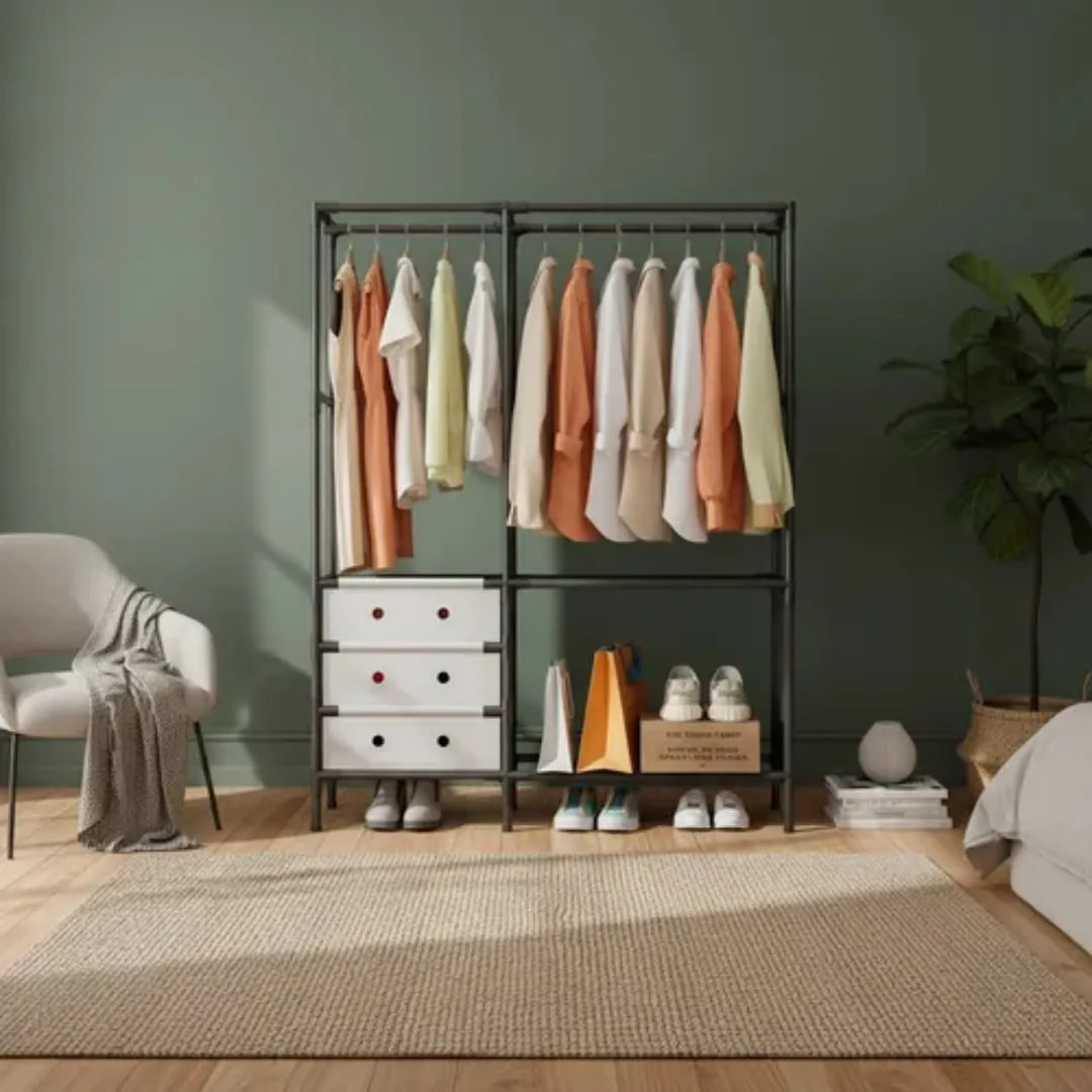 Вішалка YMJ-02 з подвійною перекладиною, полицями і місцем для взуття для домашнього гардеробу - мініатюра 4