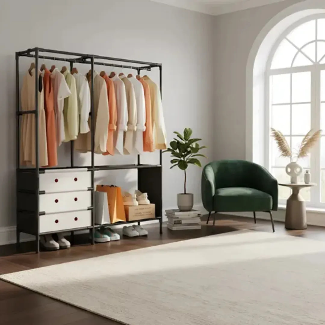 Вішалка YMJ-02 з подвійною перекладиною, полицями і місцем для взуття для домашнього гардеробу - мініатюра 5