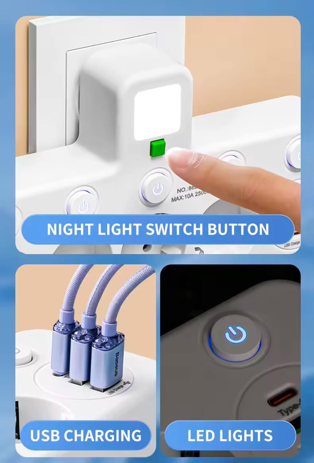 Мережевий розгалужувач 8625UL з 4 розетками, USB і Type-C для робочої зони та дому - мініатюра 6