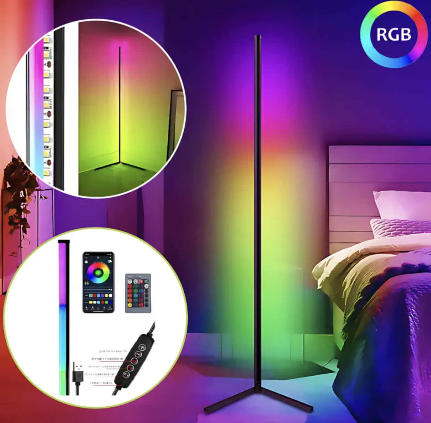 Підлогова лампа 360° RGB 103 см з пультом управління і USB-зарядкою ∙ Торшер EMG 10W для вітальні або робочого кабінету