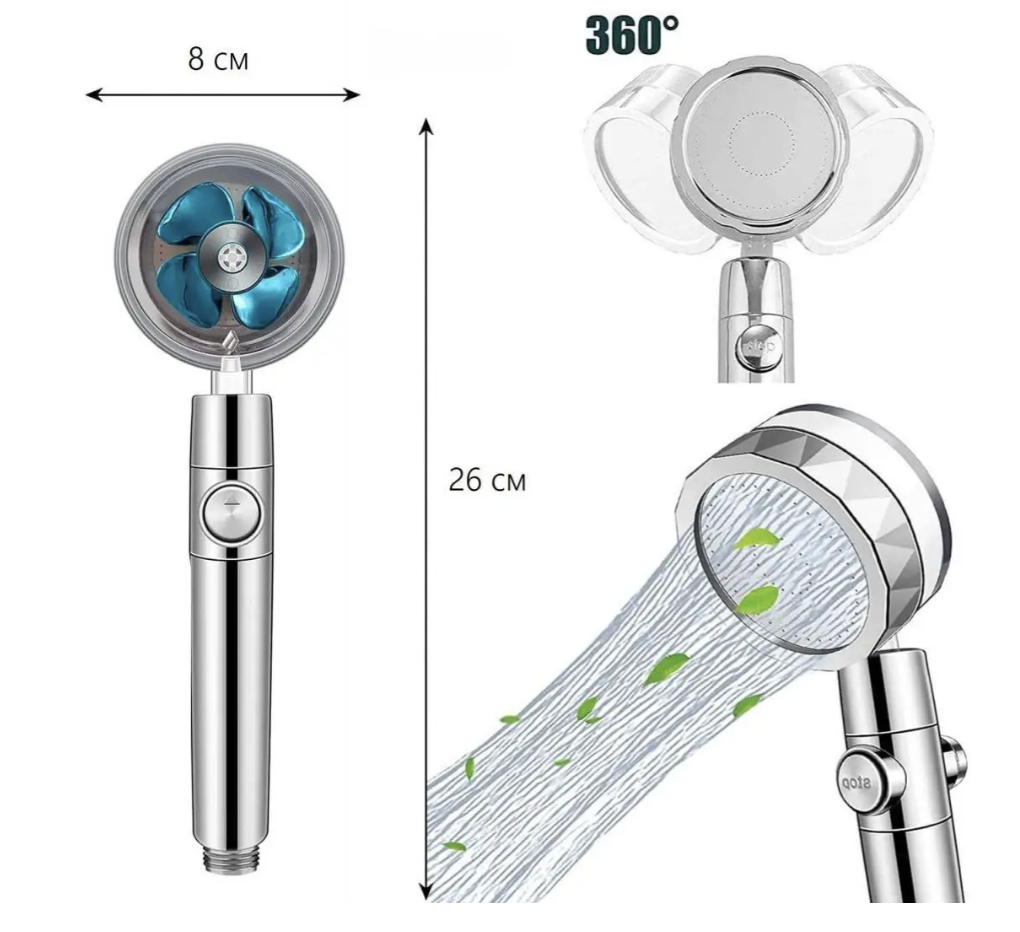 Душова насадка 360° з турбовентилятором і кнопкою стоп - мініатюра 4