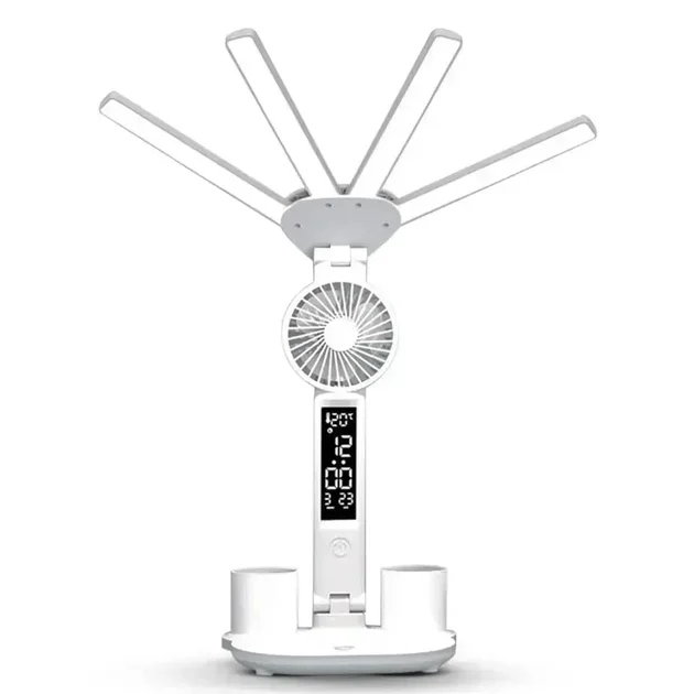 Настільна LED-лампа KRX-1011 з вентилятором, годинником і підставкою • Акумуляторний світильник із дисплеєм, сенсорним керуванням і 3 режимами світла для роботи, навчання та дому
