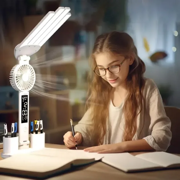 Настільна LED-лампа KRX-1011 з вентилятором, годинником і підставкою - мініатюра 2