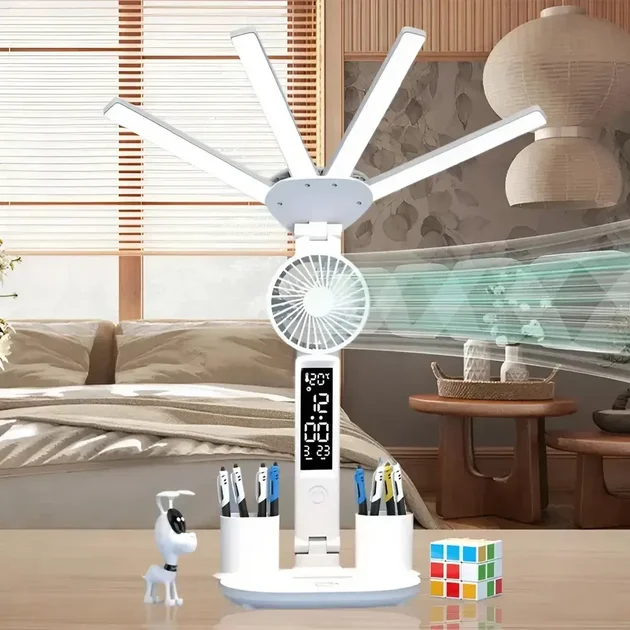 Настільна LED-лампа KRX-1011 з вентилятором, годинником і підставкою - мініатюра 4