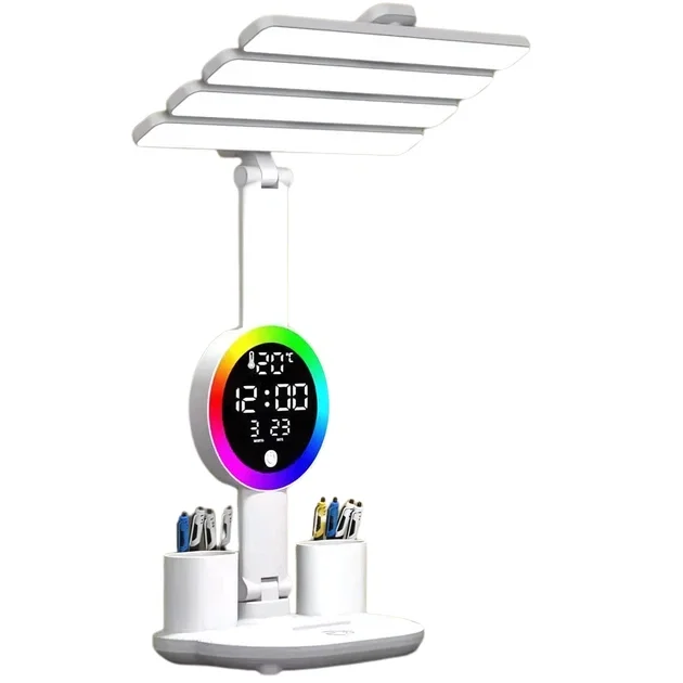 Настільна LED лампа KRX-104 з RGB-підсвіткою, вентилятором, годинником і підставкою • Акумуляторний настільний світильник 4-в-1 із сенсорним керуванням, 4 плафонами та дисплеєм для роботи, навчання і дому