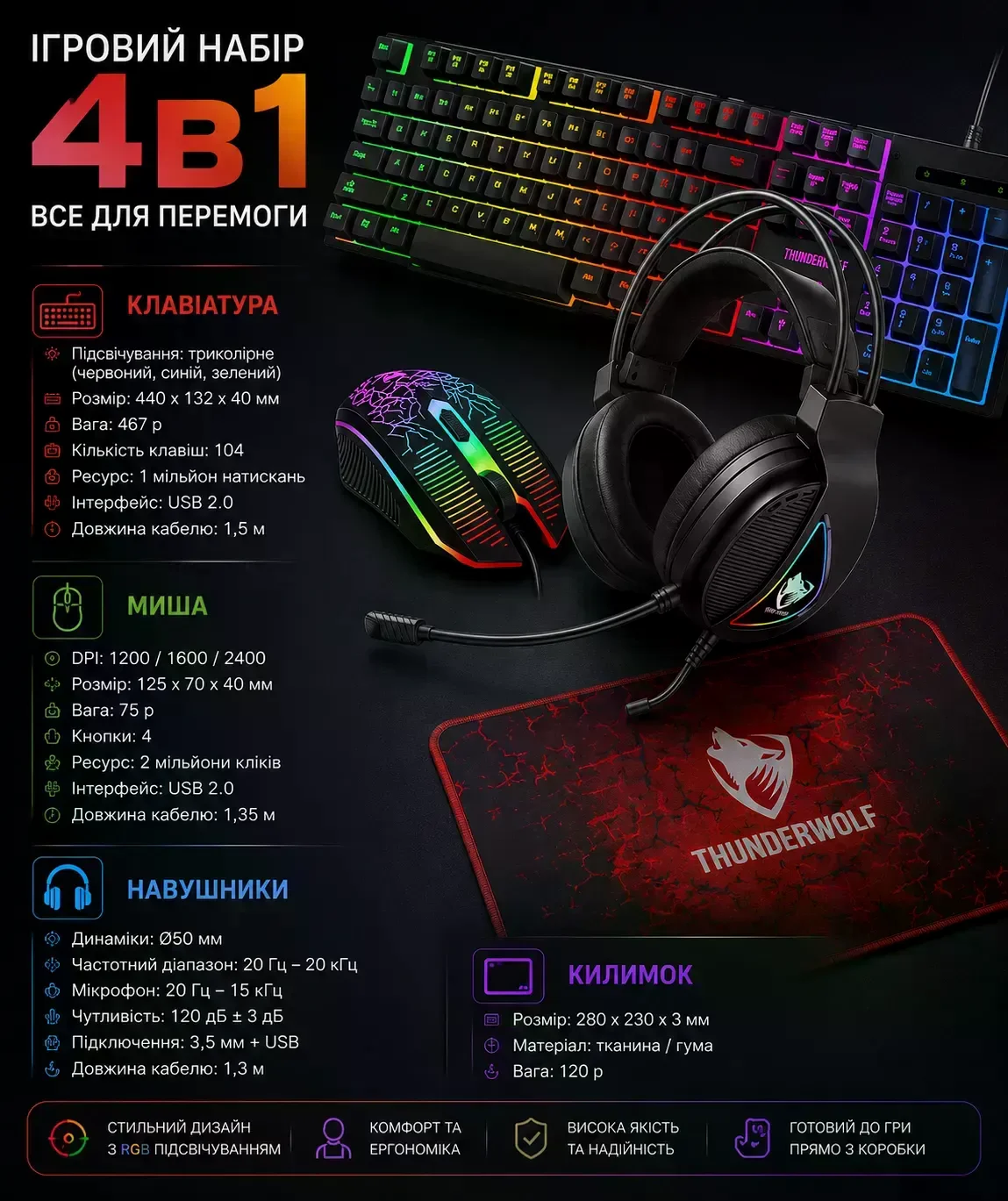 Ігровий комплект Gaming Combo 4-in-1 T-Wolf TF-400 чорний - мініатюра 6