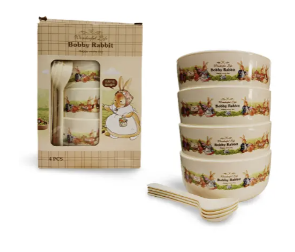 Дитячий набір посуду Bobby Rabbit 4 тарілки з ложечками ∙ Набір дитячих тарілок Bobby Rabbit