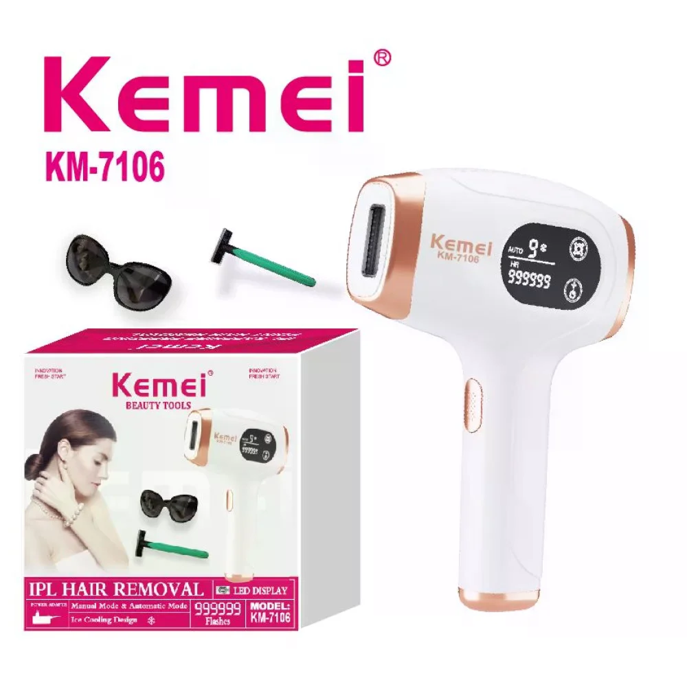 Фотоепілятор Kemei KM-7106 білий • Домашній IPL-епілятор для видалення волосся на обличчі, ногах, руках, тілі, пахвах і зоні бікіні