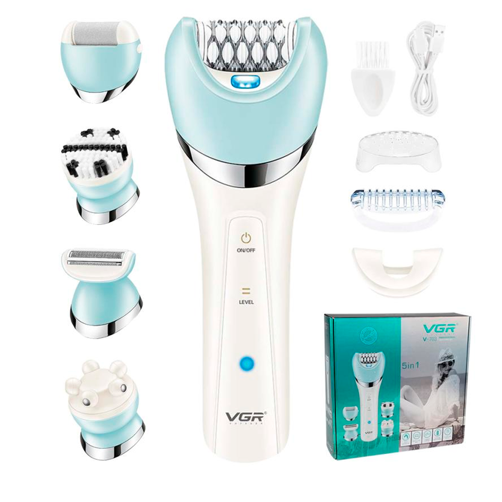 Епілятор жіночий акумуляторний 5 в 1 VGR V-703 для видалення волосся бритва та тример з насадками для тіла та обличчя ∙ Електричний епілятор бездротовий для жінок