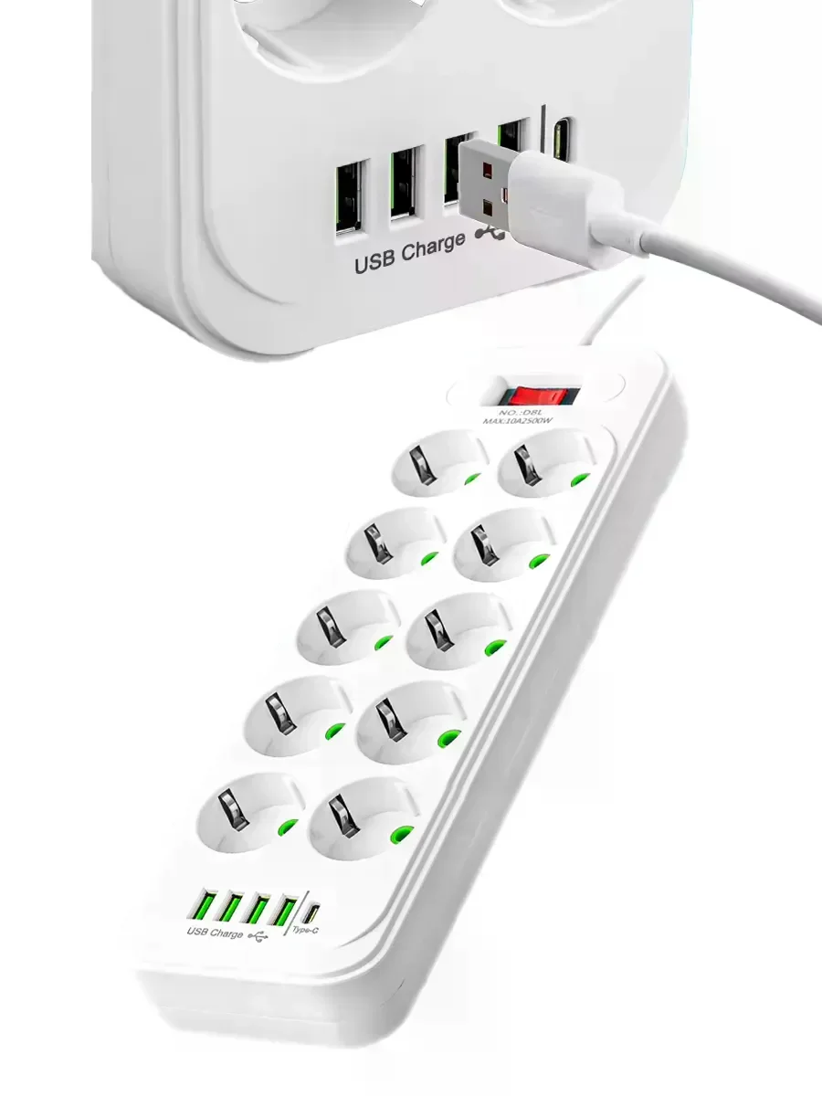 Мережевий подовжувач-фільтр PNS-02/D10 білий 5 м з LED-індикатором, 4 USB і PD Type-C - мініатюра 1