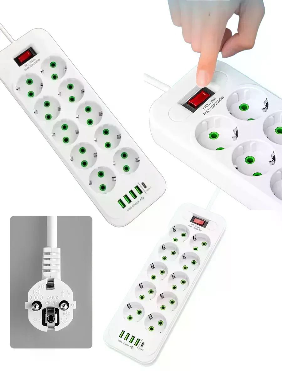 Мережевий подовжувач-фільтр PNS-02/D10 білий 5 м з LED-індикатором, 4 USB і PD Type-C - мініатюра 7
