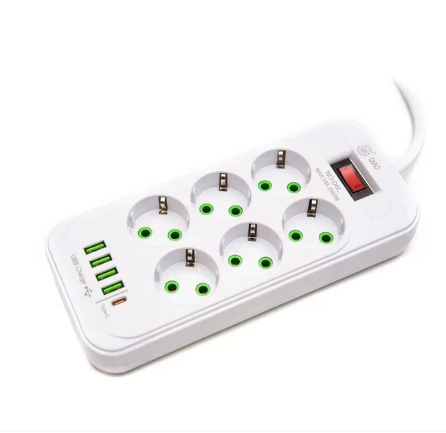 Мережевий подовжувач-фільтр PNS-03/D6 білий 3 м з LED-індикатором, 4 USB і PD Type-C • Розгалужувач живлення 6–220V для дому, офісу та заряджання гаджетів