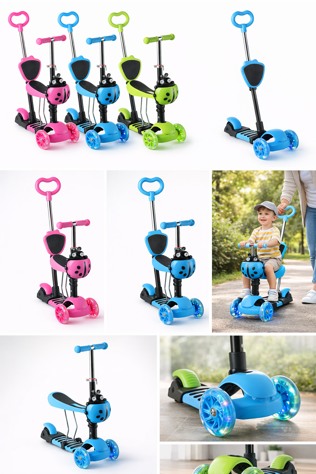 Самокат 5 в 1 з батьківською ручкою, сидінням і світними колесами - мініатюра 2
